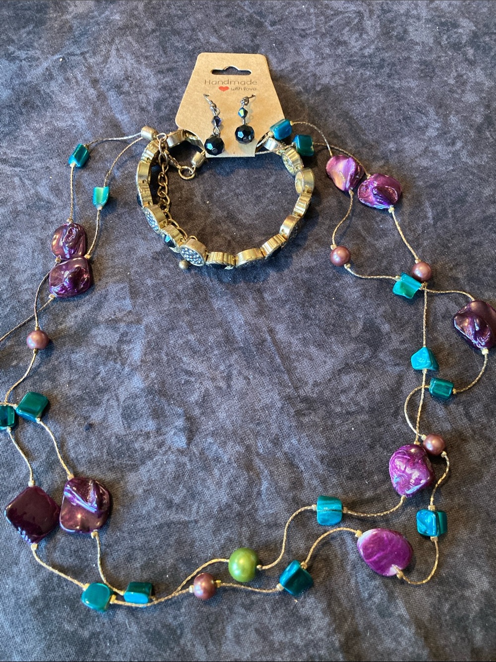 Purple & Teal Beaded Necklace with Gold Bracelet Set & Earrings